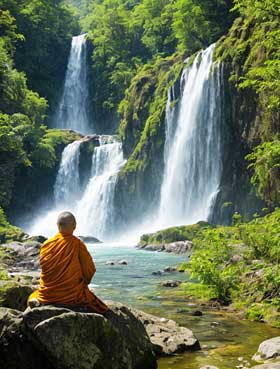 Ein Mönch sitzt auf einem Felsen und blickt auf einen Wasserfall. Ein Mönch sitzt auf einem Felsen und blickt auf einen Wasserfall.