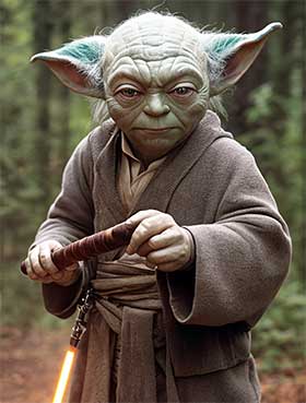 Yoda hält ein Lichtschwert im Wald.