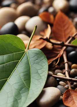 Nahaufnahme eines leuchtend grünen Blattes auf einem Hintergrund aus verschiedenen Kieselsteinen und braunen Herbstblättern. Nahaufnahme eines leuchtend grünen Blattes auf einem Hintergrund aus verschiedenen Kieselsteinen und braunen Herbstblättern.