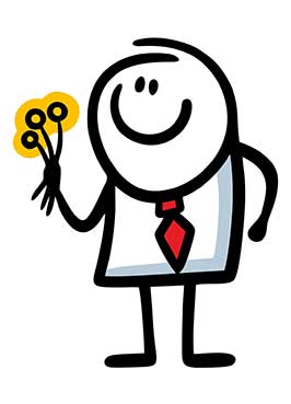 Karikatur einer lächelnden Strichmännchenfigur mit Krawatte, die einen Strauß gelber Blumen hält.