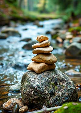 Ein kleiner Stapel aus ausbalancierten Steinen liegt auf einem größeren Felsen in einem flachen, fließenden Bach, der von einem Waldgebiet umgeben ist.