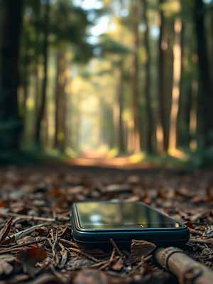 Ein Smartphone liegt auf einem mit trockenem Laub bedeckten Waldboden, im Hintergrund sind Baumstämme und ein sonnenbeschienener Pfad zu sehen.