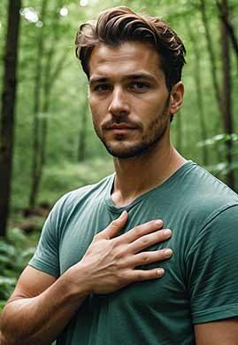 Ein Mann mit braunen Haaren und einem grünen Hemd steht in einem Wald und hält seine Hand an seine Brust.