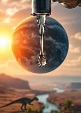 Ein Wassertropfen fällt aus einem Wasserhahn, im Hintergrund ist ein sonnenbeschienener Planet zu sehen und ein Dinosaurier läuft neben einem Fluss in einer Wüstenlandschaft.