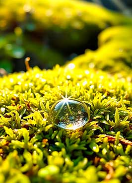 Ein junger Fichtensetzling wächst auf einem moosbedeckten Waldboden, beleuchtet durch das Sonnenlicht, das durch die Bäume fällt. Nahaufnahme eines Wassertropfens auf hellgrünem Moos. Das Sonnenlicht erzeugt auf der Oberfläche des Tropfens einen Sterneneffekt.